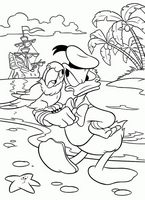 kolorowanki Kaczor Donald z papugą jako pirat, w tle żaglowiec - do wydrukowania nr  3
